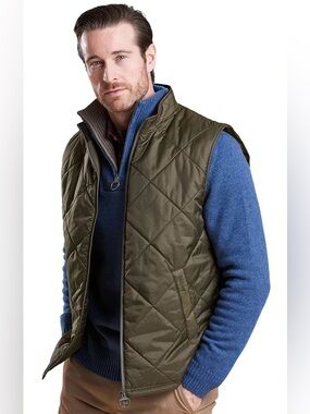 Barbour Finn Gilet Vest Mens XL Olive Green Quilted Corduroy Collar Full Zip